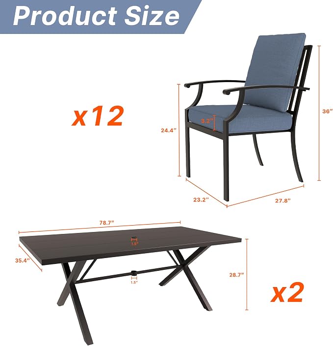 Gotland 14 Piece Outdoor Dining Set, Metal Outdoor Table and Chairs with X-Shaped Legs 1.5" Umbrella Hole, Patio Furniture Set with Waterproof Cushions, Patio Dining Sets for Backyard Deck Navy