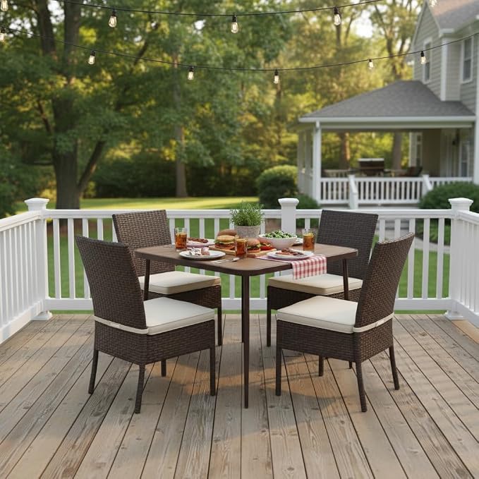Tangkula 35-Inch Square Patio Dining Table, 4-Person Outdoor Dining Table with 2" Umbrella Hole, Wood-Plastic Tabletop & Metal Legs, Outside Table Bistro Table for Deck, Backyard, Garden, Poolside