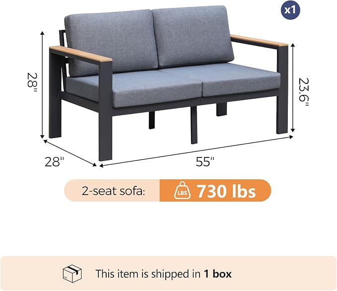 Aluminum Outdoor Loveseat, 2-Seat Patio Furniture Loveseat with 1.5mm Powder-Coated Frame, Anti-Hot Armrest & Waterproof Removable Cushions, Weather Resistant Outdoor Sofa for Backyard Porch Gray