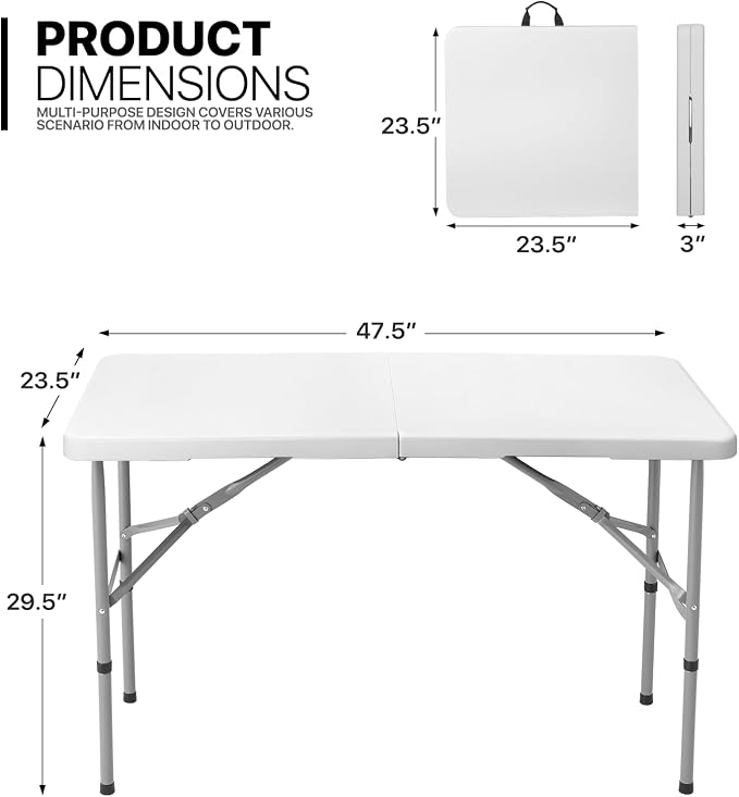 MoNiBloom 4Ft Folding Card Table, Outdoor Foldable Small Portable Plastic Dining Picnic Cookout Table w/Height Adjustable and Handle, White