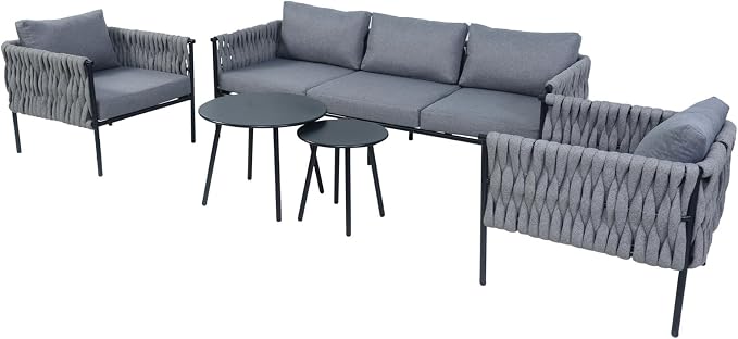 5 Piece Patio Furniture Set, Woven Rope Outdoor Furniture Couch with 2 Round Coffee Tables, All Weather Patio Conversation Sets with Oversized 3-Seater Sofa & Washable Cushions for Backyard