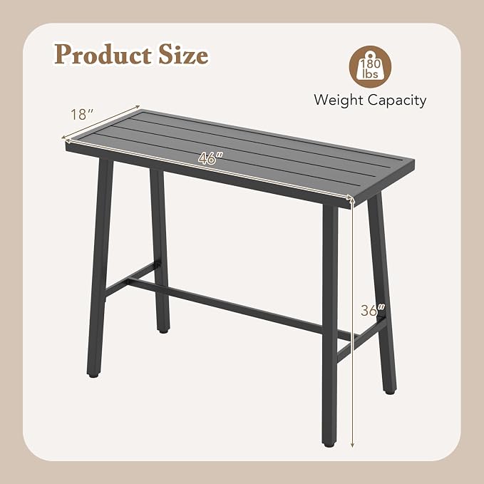 HAPPYGRILL Outdoor Bar Table Metal Frame Rectangle Dining Table Accommodates 4-6 People, Outdoor Bistro Table Patio Pub Table with Foot Pedal, Adjustable Foot Pads for Backyard, Porch, Deck