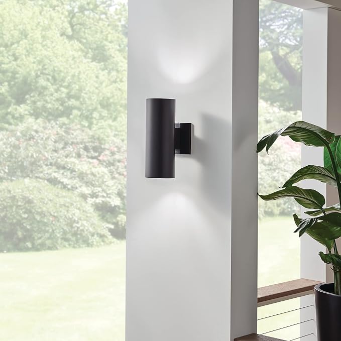 Kichler Cylinders 12" Outdoor Wall Sconce in Black, 2-Light Exterior Wall Light, Cylinder Fixture, (12" H x 5" W), 9244BK (Pack of 2)