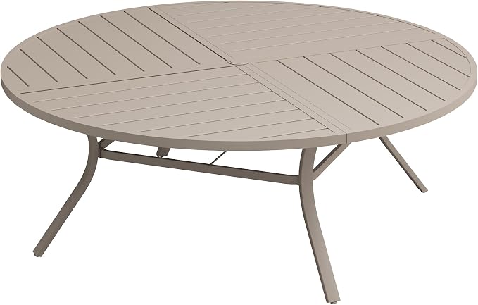 63" Outdoor Dining Table with Adjustable Umbrella Hole, Metal Slatted Round Patio Dining Table for Backyard Garden Deck, Sandshell