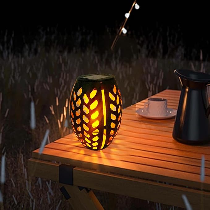 2PCS Solar Table Lanterns Flickering Flame Waterproof Black Leaf | Metal Hollow Black Leaf Design, Waterproof, 7.3" H, For Tabletop Garden Patio Decor