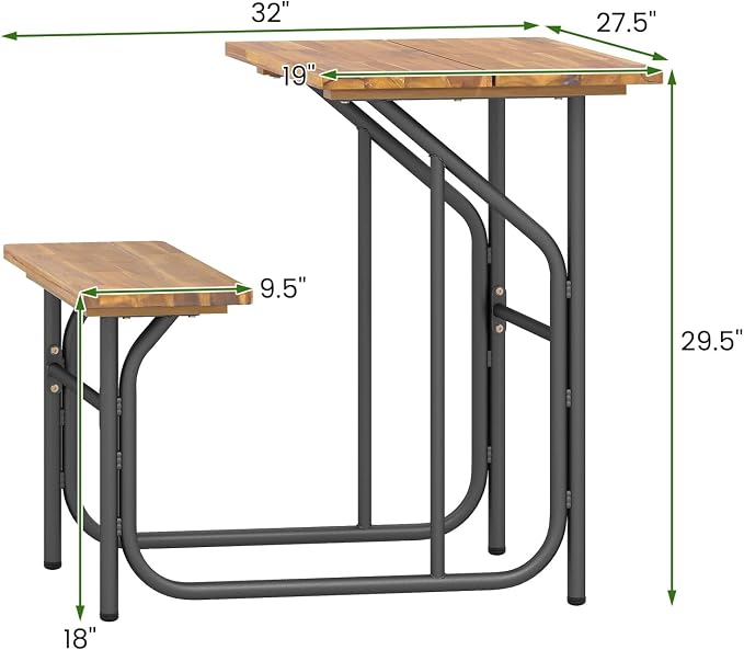 Giantex Single Picnic Table Bench Set, Acacia Wood Outdoor Dining Table Set, Heavy Duty Metal Frame, Rectangular Tabletop for Porch Patio Lawn Garden (27.5"x32"x29.5")