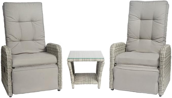 Elle Decor Vallauris Patio Outdoor Furniture Collection, Premium All Weather Wicker, 3 Piece Reclining Set, Gray
