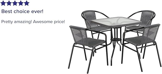 Flash Furniture 5-Piece 28" Square Indoor/Outdoor Patio Table and Chairs Set, Glass Metal Bistro Table and 4 Stacking Rattan Chairs, Gray