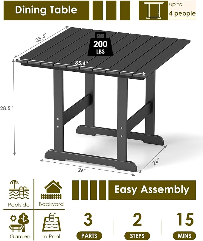 GREENVINES Outdoor-Dining-Table | 35” | HDPE | Patio Furniture | Connectable Square Tables for 4 | Slatted | All-Weather | for Poolside Backyard Garden | Black