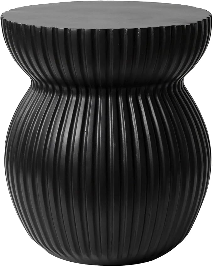 Mander Series Fiberstone Modern Side Table – Ribbed Hourglass Accent End Table for Indoor or Outdoor Use, Living Room, Bedroom, Patio - Black