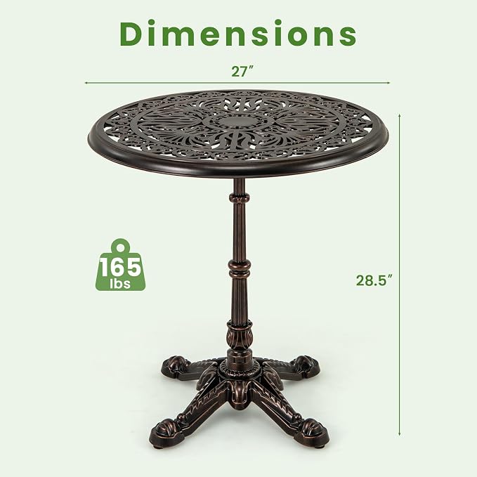 HAPPYGRILL Outdoor Dining Table 27", Cast Aluminum Patio Table with Hollowed-Out Tabletop, Carved Cross Base, Round Outdoor Side Table for Yard, Balcony, Garden, Poolside