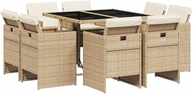 9-Piece Outdoor Patio Furniture Set with Tempered Glass Table & Foldable Chairs, Beige Poly Rattan Dining Set for Garden Backyard Balcony, Weather-Resistant PE Wicker with Cream Cushions