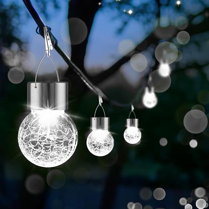 12 Pack Hanging Solar Lights Outdoor, Waterproof Solar Globe Lantern with Handle and Clip, Decorative Cracked Glass Ball Lights for Christmas Decor, Tree, Yard, Garden, Patio (Cold White)