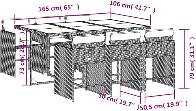 7 Piece Patio Dining Set with Cushions Black Poly Rattan Outdoor Garden Furniture Table and 6 Chairs for Backyard Poolside Relaxation Tempered Glass Top Foldable Storage