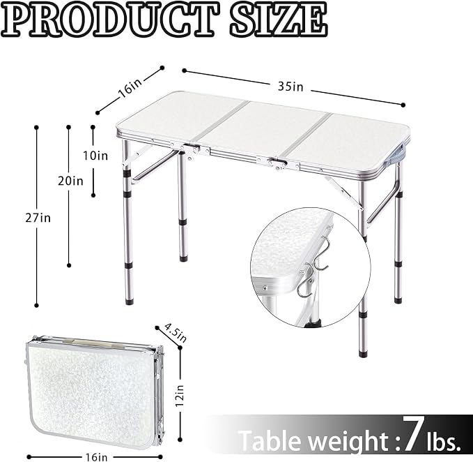 Yriuat Folding Camping Table 3ft Portable Picnic Table Adjustable Height Small Card Table Aluminum Foldable Lightweight with Carry Handle for Outdoor Indoor Hiking Camp BBQ Beach
