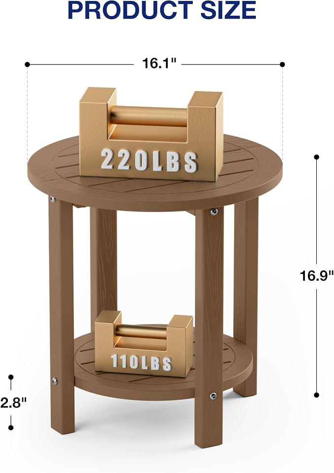 YEFU Outdoor Side Table for Patio: 16in HIPS Small Round Outdoor End Table - 2-Tier Adirondack Tables for Porch Patio Yard Poolside Living Room Beach Bedroom (Teak, 2 Pack)