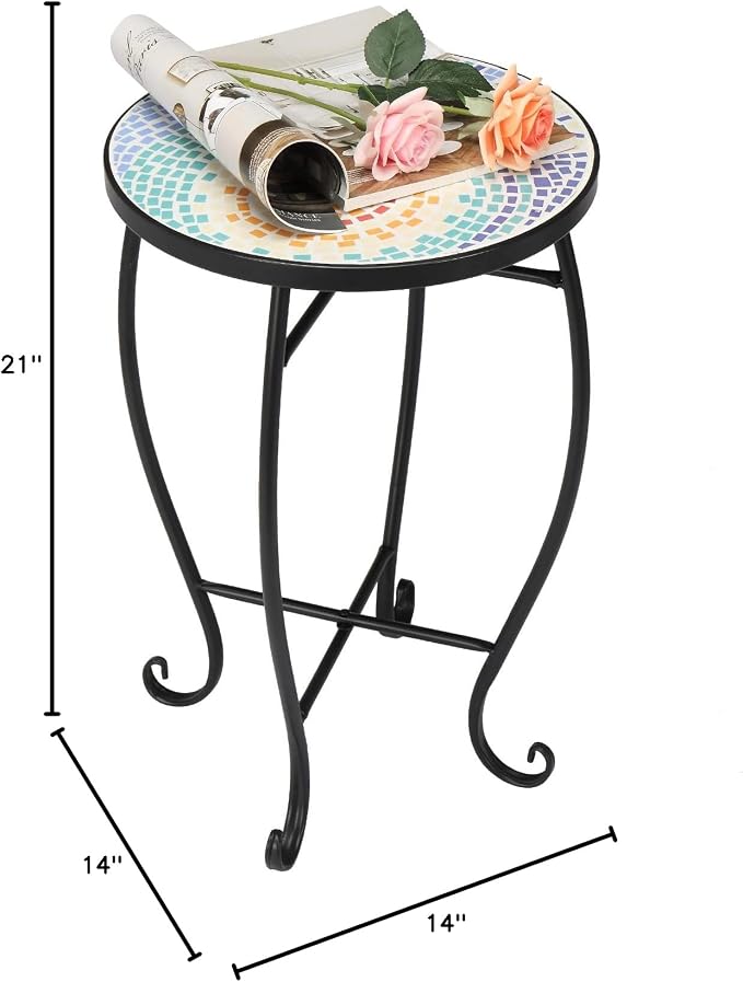 VINGLI Mosaic Accent Table, 14" Round Side Table,End Table, Plant Stand Decor for Patio Porch Beach Theme Balcony Back Deck Pool Indoor Outdoor Coffee, Metal Cobalt Glass Top Black Iron(Blue Hawaii)