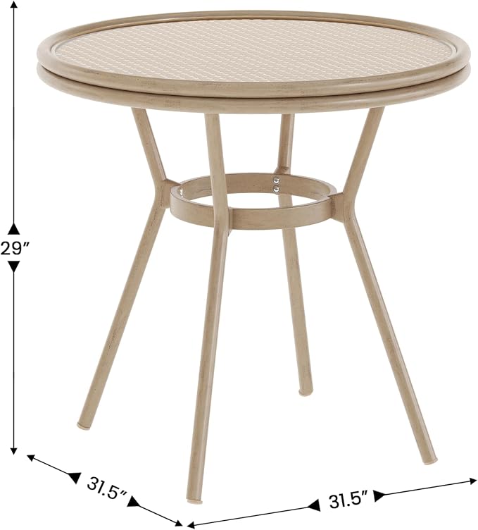 BizChair Indoor/Outdoor Commercial Bistro 31.5" Table, Natural/White PE Rattan, Glass Top, Bamboo Print Aluminum Frame in Light Natural