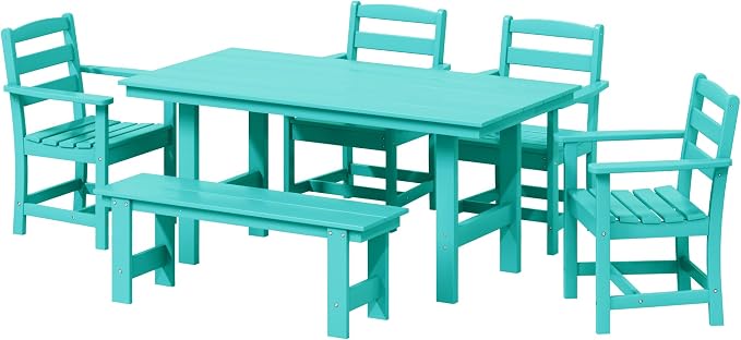 WestinTrends Ashore 6-Piece Outdoor HDPE Patio Dining Table Set with Bench, Turquoise