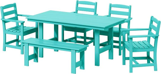 WestinTrends Ashore 6-Piece Outdoor HDPE Patio Dining Table Set with Bench, Turquoise