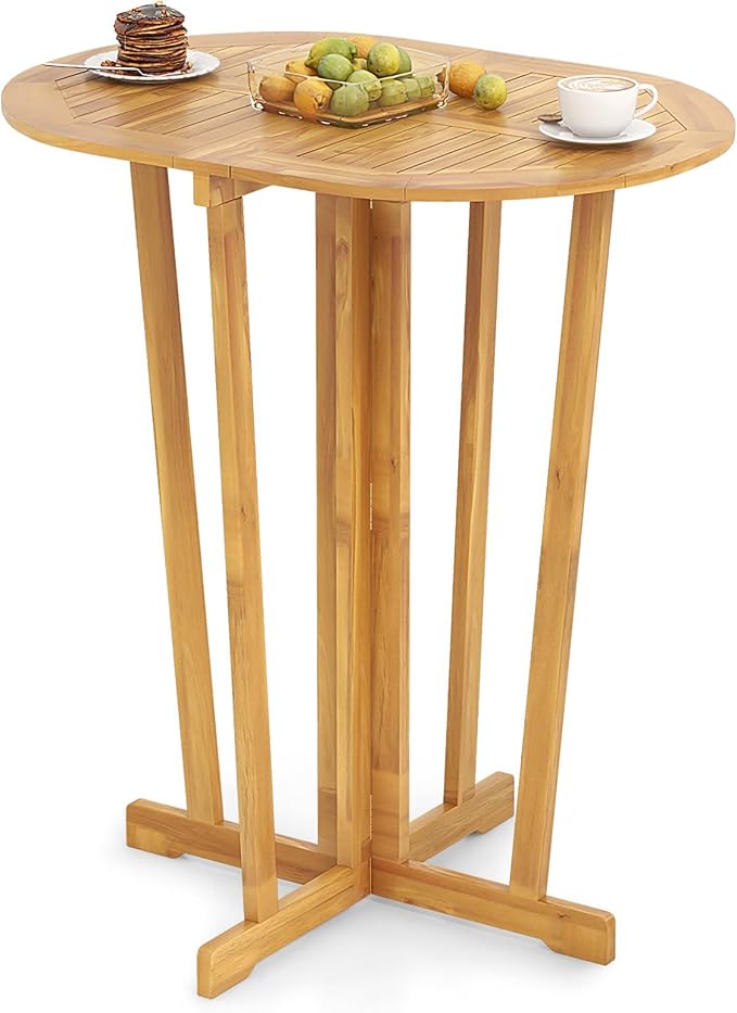 Tangkula Outdoor Teak Wood Bar Table Folding, Patio Bar Height Oval Table with Slatted Tabletop and Cross Base, Pub Height Table for Patio, Porch, Backyard, Poolside