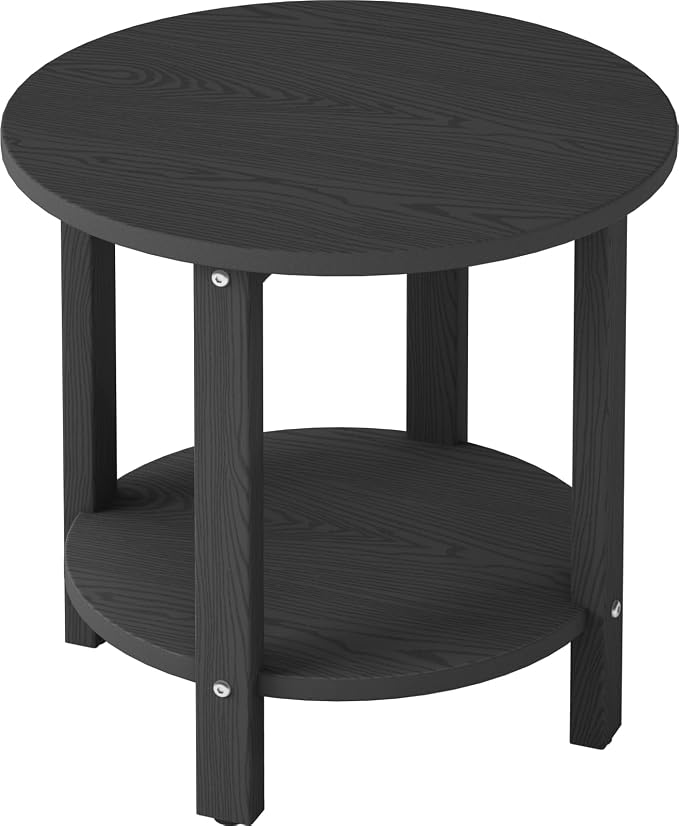 HDPE Round Outdoor Side Table, 18.1-Inch Weatherproof Small Outdoor Table for Adirondack, 2-Tier Patio End Table for Garden Backyard Porch Deck Balcony Poolside (Black)