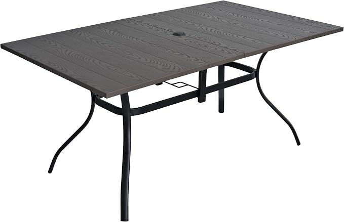 63" Wood-like Embossing Rectangle Outdoor Patio Dining Table for 6 Person | 63" x 38" x 28" Rectangle, Metal Wood-like Embossing Table Top, 1.57"-1.9" Adjustable Umbrella Hole, 6 Person Use