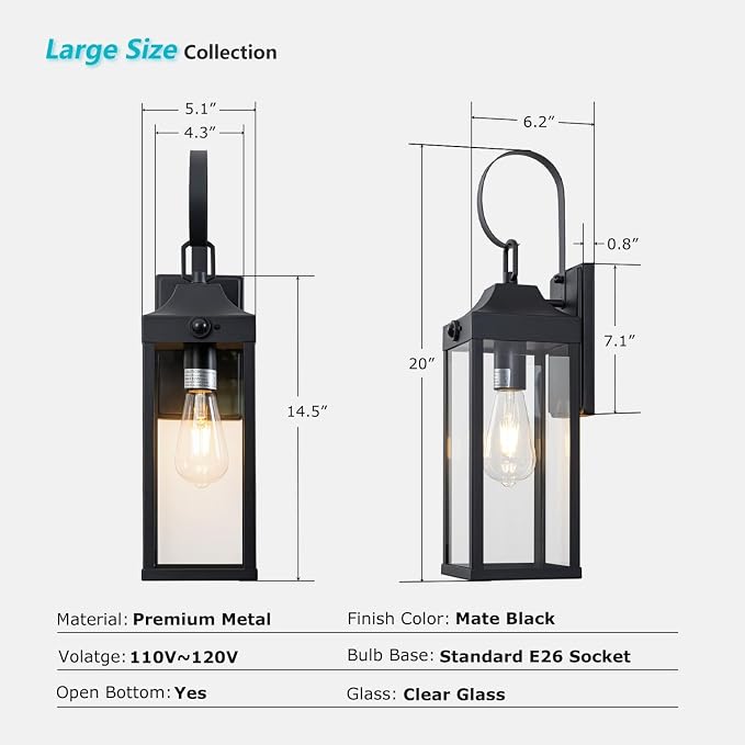 Motion Sensor Outdoor Lights Fixture Exterior Wall Sconce 2 Packs | 20” Large Size,3 Lighting Mode,Black, Waterproof Outside House Porch Lantern,E26 Socket