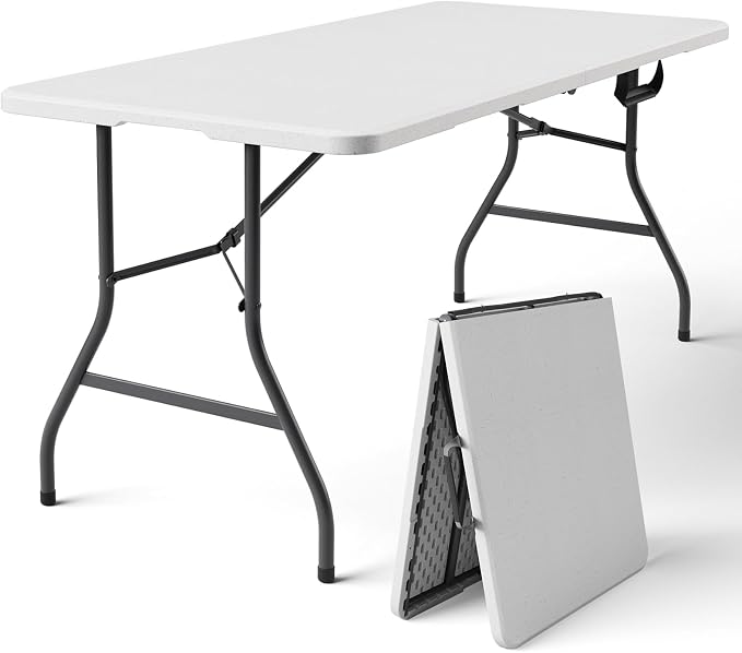 Folding Table, 5ft Portable Foldable Table Picnic Table with Carry Handle Plastic Table, White