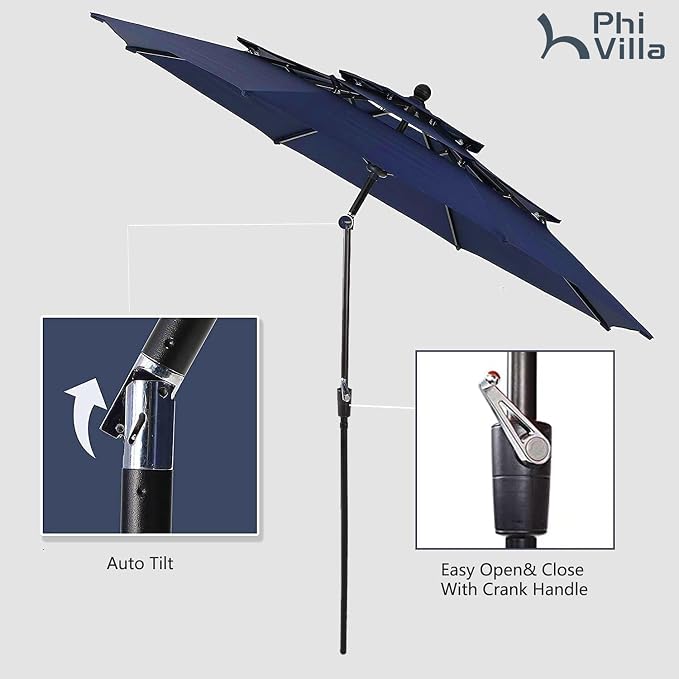 PHI VILLA 5pc Patio Dining Set with Umbrella, Square Table, Rattan Chairs | 37" Wood-like square dining table, cushioned wicker chairs, 10ft blue umbrella. Perfect for patio, deck, yard, porch.
