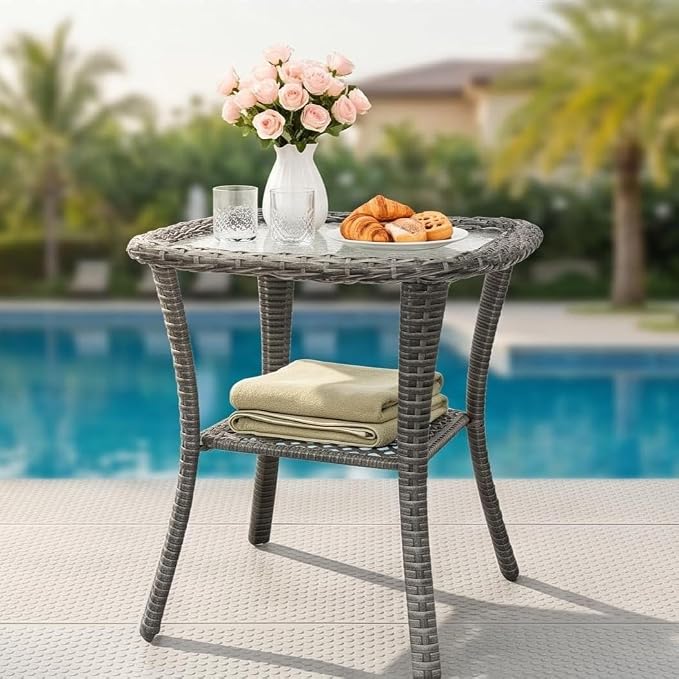 Outdoor Wicker Side Table, Patio End Table with Water-Ripple Tempered Glass Top, Rounded Corners & Floor-Friendly Wrapped Legs, Small Coffee Table for Covered Deck, Balcony, Small Living Room