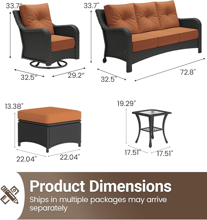7 Pieces Outdoor Furniture Set with 6-inch Cushions, High Back Wicker Swivel Rocker Chairs with Coffee Table, Luxury Conversation Set for Deck Patio and Poolside