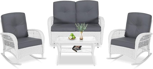 VIVIJASON 4-Piece Patio Wicker Conversation Set, All Weather Outdoor Rattan Furniture Set Includes Glider Loveseat, Coffee Table, 2 Rocking Chairs with Cushions for Backyard, White/Grey