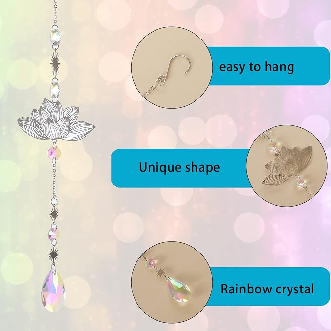 Sun Catchers, 6 Pcs Colorful Suncatchers Decorative Hanging Crystal Prism | Rainbow Maker with Silver Moon Sun Metal Forms Suncatcher Kit for Window Indoor Outdoor Car Mirror Decor Xmas Gift