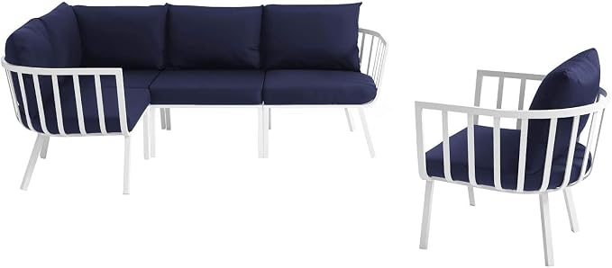Modway Riverside 5 Piece Outdoor Patio Aluminum Set in White Navy