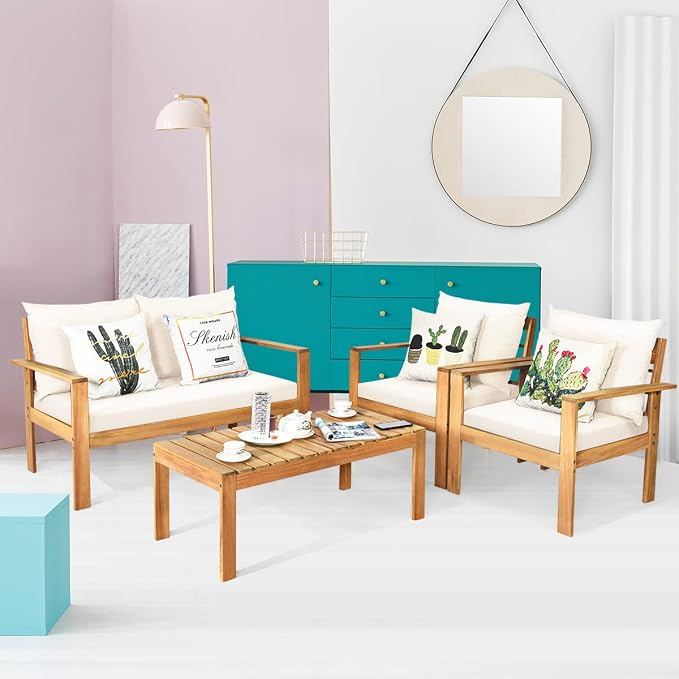 COSTWAY 8 Pieces Outdoor Acacia Wood Sofa Set, Outdoor Conversation Sofa Set with Table & Cushions Porch Chairs for Garden, Patio, Deck