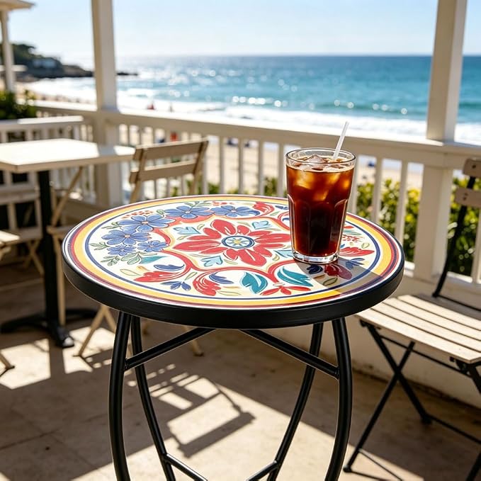 14 Inch Mosaic Patio Side Table with X-Curved Legs, Indoor Outdoor Accent Round End Table with Ceramic Tile Tops for Yard, Garden, Living Room, Bistro, C - Mediterranean Floral Pattern