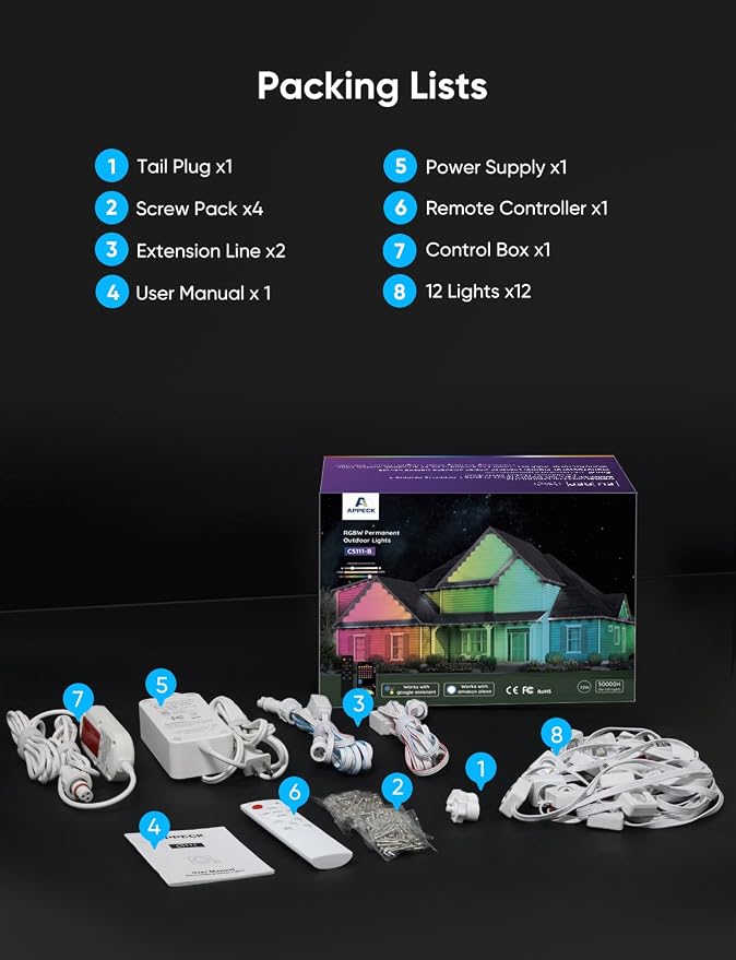 RGBW Permanent Outdoor Lights 200ft, 40LM, with 144 LED Bulbs, White | IP67 Waterproof, 111 Scene Modes, 2700K Warm White, Music Sync, Individual Control, Eave Lights Compatible with Alexa