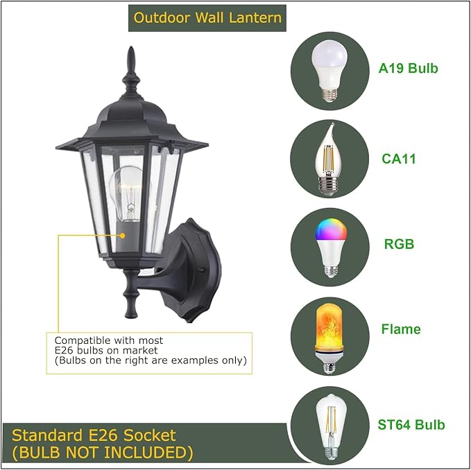 WISBEAM 2 Pack Outdoor Wall Light, Black Wall Sconce for House Porch Lighting Fixture, E26 Base 60W Max, Metal Housing Plus Glass, Wet Location Rated, ETL Qualified, Bulbs not Included