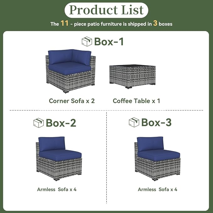 Aoxun 11 Piece Patio Furniture Set Wicker Rattan Patio Conversation Set Outdoor Sectional Sofa Set with Coffee Table and Thickened Cushions, Gray/Blue