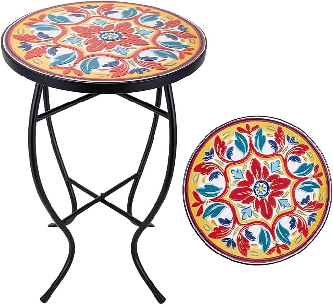 14 Inch Mosaic Patio Side Table with X-Curved Legs, Indoor Outdoor Accent Round End Table with Ceramic Tile Tops for Yard, Garden, Living Room, Bistro, C - Mediterranean Floral Pattern