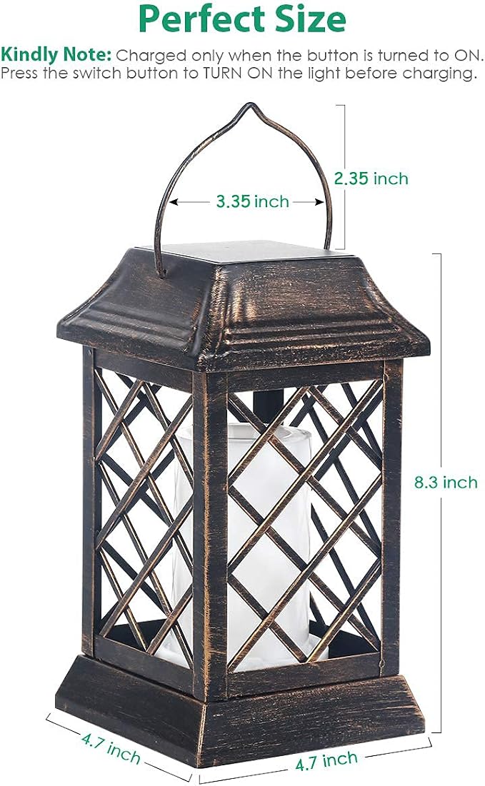 TomCare Flickering Flame Solar Lights Outdoor Metal Hanging Lantern, 2 Pack | Realistic Flame Effect, Charges in 6-8 Hours, 10-12-Hour Runtime, IP65 Waterproof, Auto On/Off for Patio, Garden and Porch