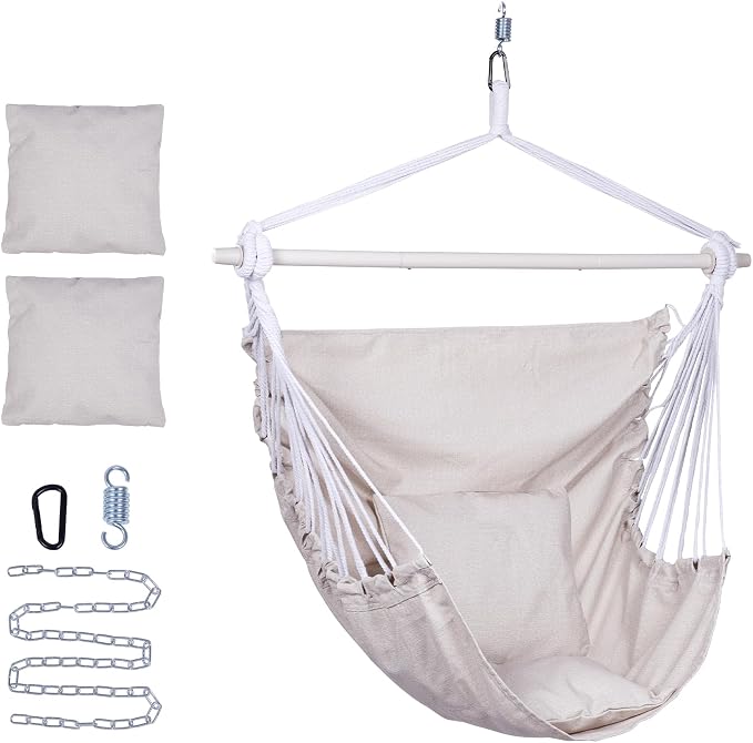 Backyard Expressions Hammock Chair Hanging Rope Swing Chair, 2 Pillows, Anti Slip Steel Spreader Bar