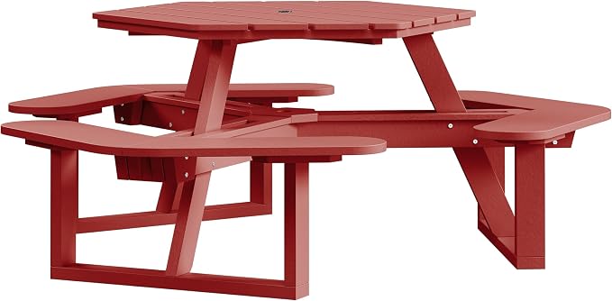 Shoreline Made in USA Hexagon Picnic Table, Seating for 6, Boathouse Red