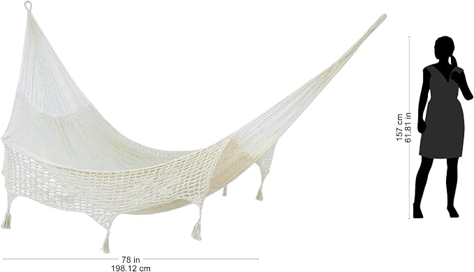 NOVICA Ivory Off White Hand Woven Cotton Mayan 2 Person XL Rope Hammock with Crochet Fringe, 'Caribbean Sands' (Double)
