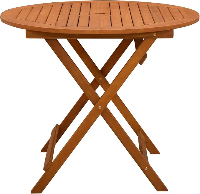Round Folding Garden Table with Parasol Hole, 35.43 x 29.53 in, Brown, Solid Eucalyptus Wood Frame, Outdoor Patio Dining Table