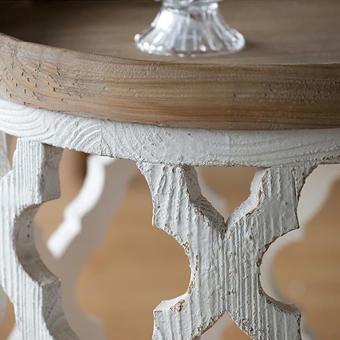 Patio Outdoor Round Side Table Rustic Farmhouse Circle End Table for Living Room Distressed White