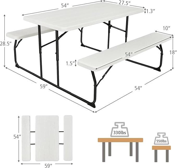 GYMAX Picnic Table, 550 LBS Folding Picnic Tables with Benches & Seats, Weather-Resistant Easy Setup Portable Picnic Table, Wood-Like Foldable Picnic Tables for Outdoors Patio Deck Party BBQ (White)