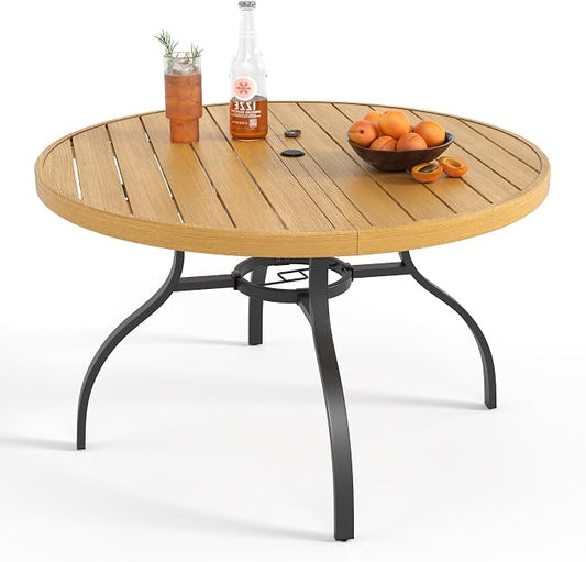47" Round Outdoor Dining Table for 6, Metal Round Patio Table with Umbrella Hole, All-Weather Outdoor Patio Dining Table for Lawn Garden Deck Backyard (Brown)