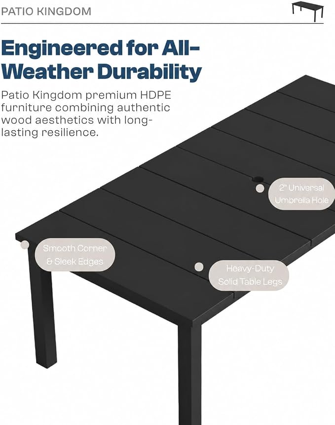 75.2" HDPE Outdoor Dining Table for 4-6 People, Rectangular Patio Dining Table with Umbrella Hole, All Weather Patio Dining Outdoor Table for Deck, Backyard and Garden, Black